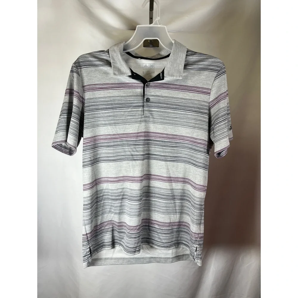 Adidas Golf Mens Large Gray Burgundy Striped Short Sleeve Performance Polo Shirt